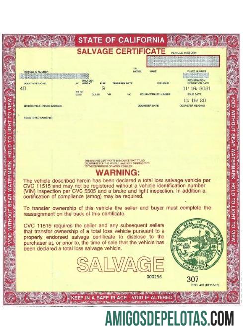 Certificado de salvamento de um veículo nos EUA, Califórnia, amostra